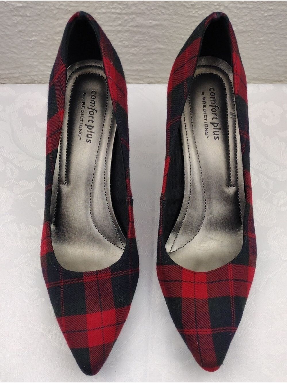 Comfort Plus by Predictions Black Red Plaid Fabric Point Toe High Heel Pump Shoe - Picture 3 of 16